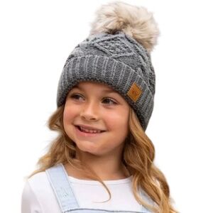 Panache Kids grey cable knit hat with faux fur pom accent (67)
